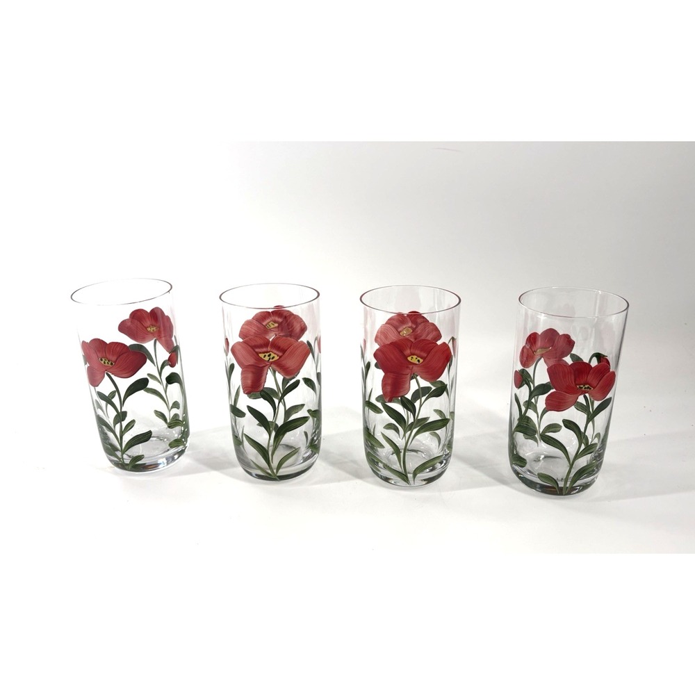 Vintage Hand Painted Red Poppy Glass Tumblers Highball Glasses Set of 4 Floral